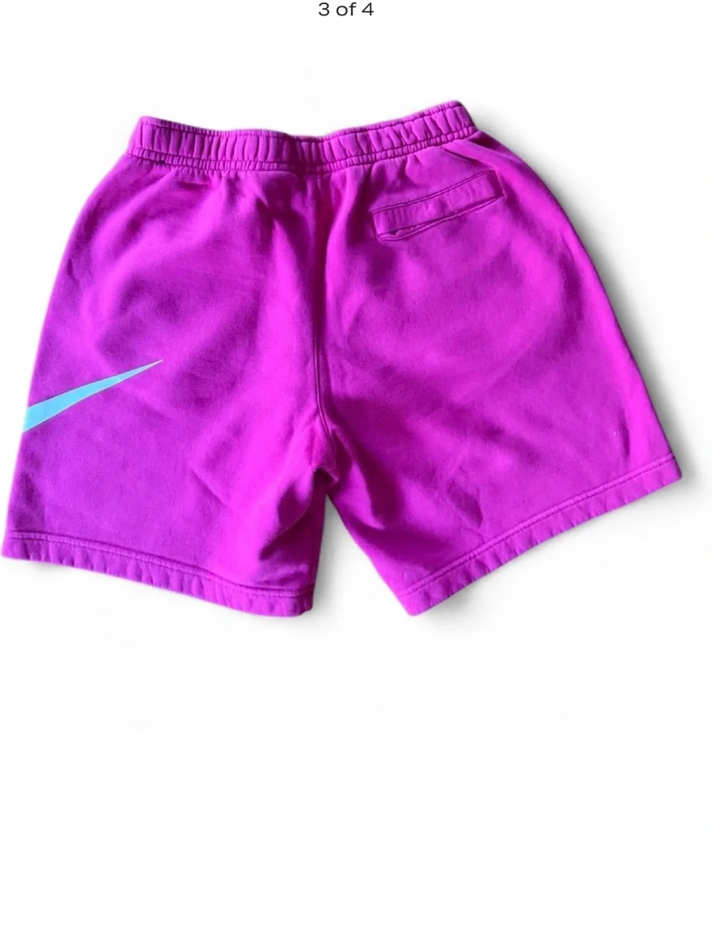 Nike men’s bright pink sweatshorts w/white Swoosh, back pocket, 2 side pockets